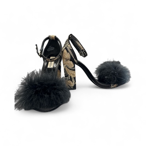 Steve Madden Shoes - Steve Madden Carabu Black Chunky Heel Gold Floral Feathers Wm's Size 7.5